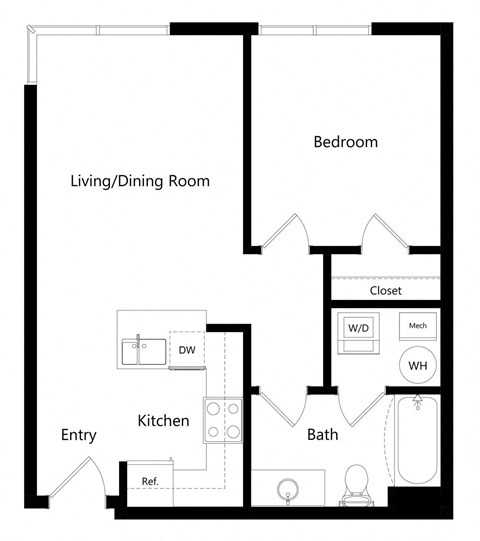 Floor plan for 1 bed, 1 bath, 608 sqft